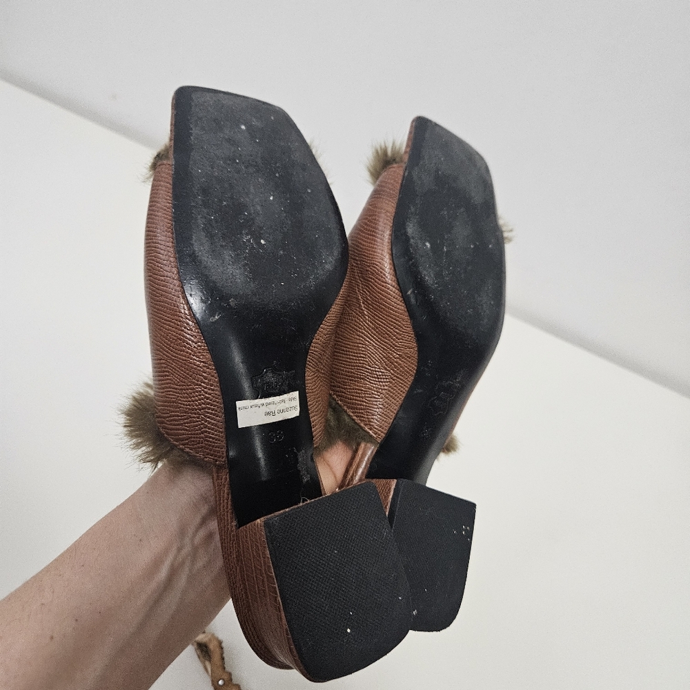 Suzanne Rae Faux Lizard With Faux Mink Lining Mules Slides 7.5 Brown Block Heel - Picture 8 of 11